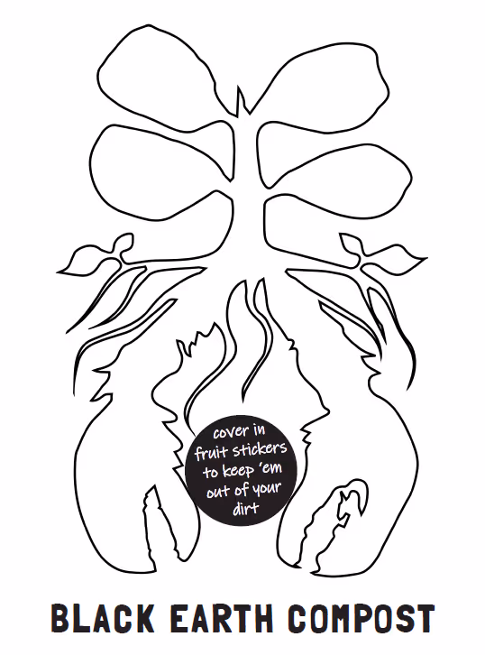 Line drawing of a plant with roots and two large lobsters, with text advising to cover in fruit stickers to keep dirt off, titled Black Earth Compost.