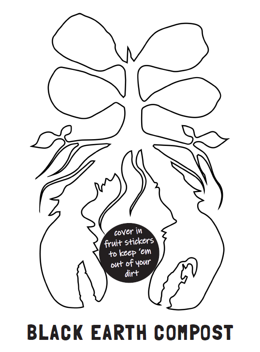 Line drawing of a plant with roots and two large lobsters, with text advising to cover in fruit stickers to keep dirt off, titled Black Earth Compost.