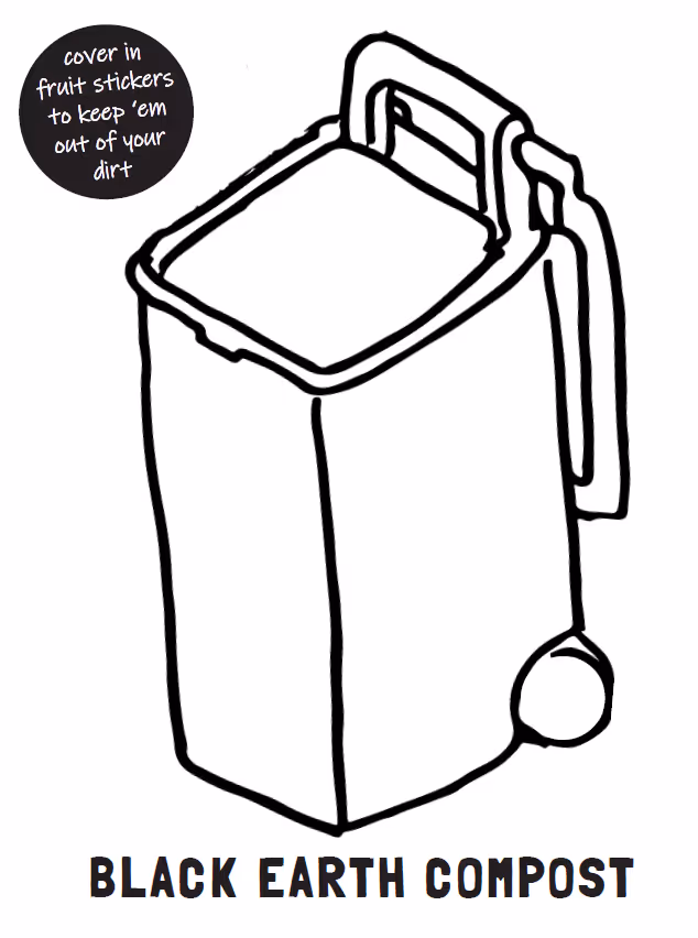 Line drawing of a compost bin with a lid and wheels labeled 'Black Earth Compost' and a circle note saying 'cover in fruit stickers to keep 'em out of your dirt'.