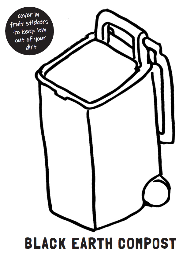 Line drawing of a compost bin with a lid and wheels labeled 'Black Earth Compost' and a circle note saying 'cover in fruit stickers to keep 'em out of your dirt'.