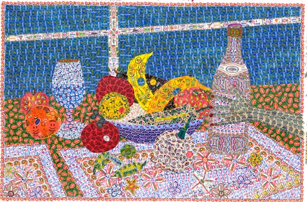 Colorful mosaic-style still life of a table with fruit bowl, wine bottle, glass, and piggy bank against a blue and red checkered background.