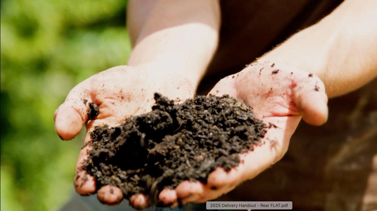 Close-up of two hands holding rich dark soil outdoors.