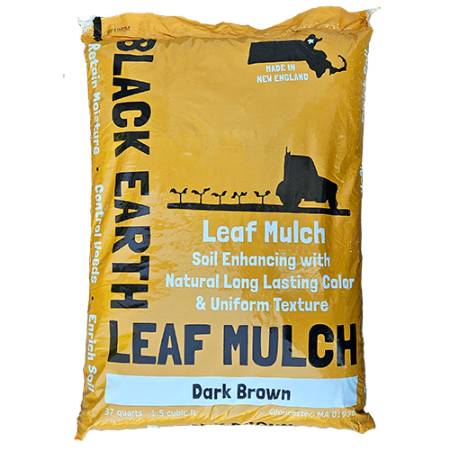 Bag of Black Earth Leaf Mulch, dark brown, soil enhancing with natural long lasting color and uniform texture, made in New England.
