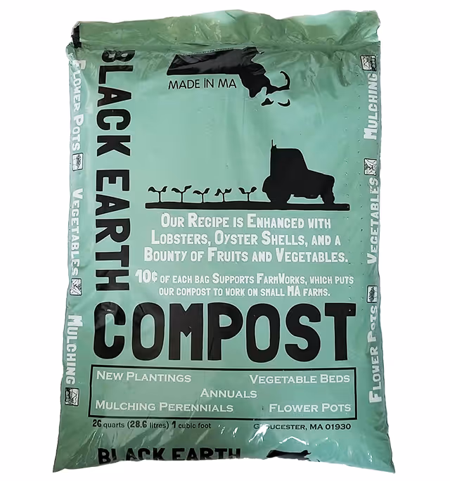 Green bag of Black Earth Compost with text describing recipe enhanced with lobsters, oyster shells, fruits, and vegetables, supporting small Massachusetts farms.