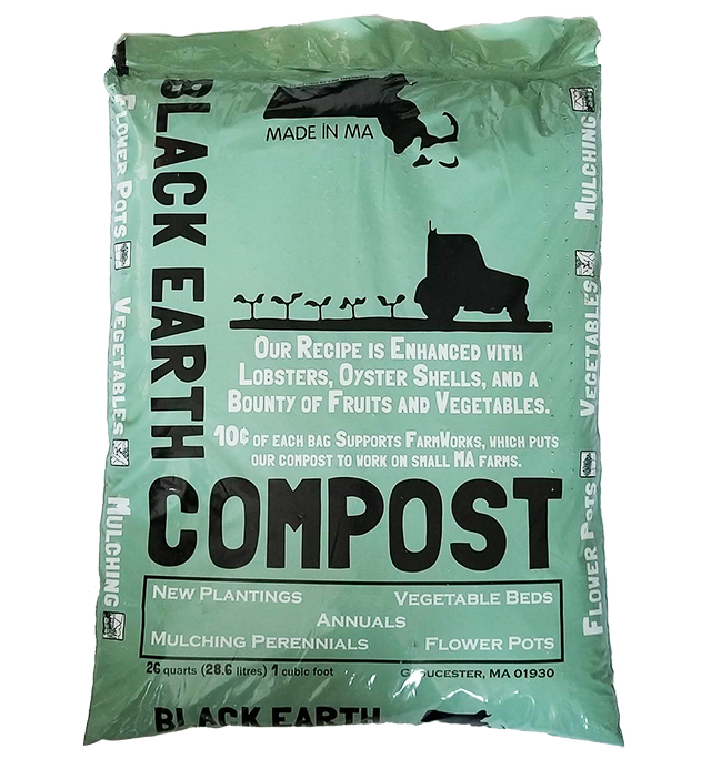 Green bag of Black Earth Compost with text describing recipe enhanced with lobsters, oyster shells, fruits, and vegetables, supporting small Massachusetts farms.