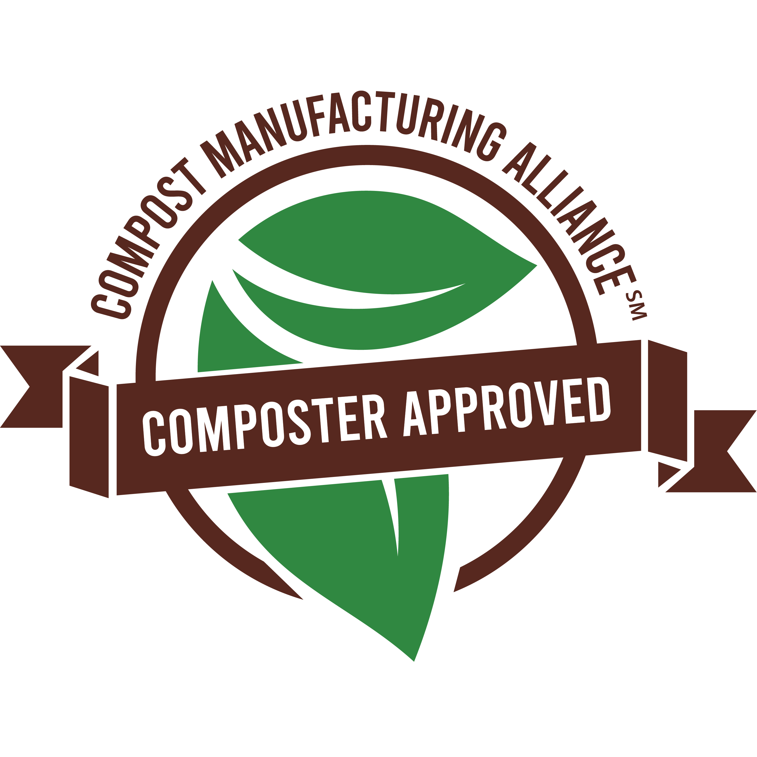 Compost Manufacturing Alliance logo with a green leaf and brown ribbon stating Composter Approved.