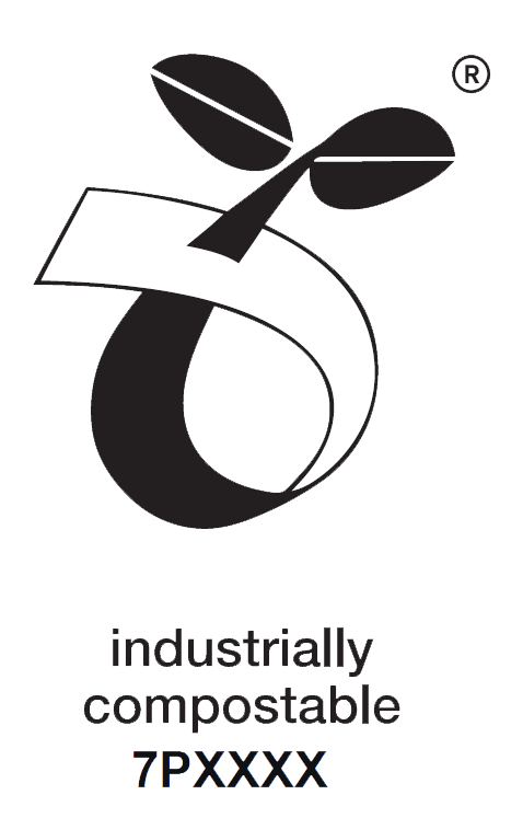 Logo with two black leaves and a curved shape indicating industrial compostability, labeled 'industrially compostable 7PXXXX'.