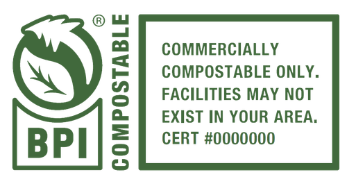 BPI Compostable logo with a leaf inside a circular arrow and text stating commercially compostable only, facilities may not exist in your area, cert #0000000.