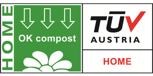Green OK compost HOME certification label with three downward arrows and a plant icon, alongside the TÜV Austria logo.