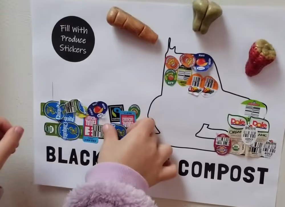 A child placing produce stickers on a sorting chart labeled BLACK and COMPOST with outlines for sorting stickers and three produce magnets above.