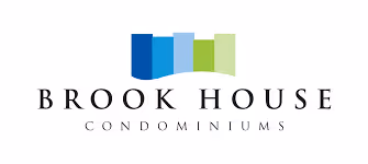 Brook House Condominiums logo with stylized blue and green building shapes above the text.