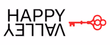 Logo with the word 'HAPPY' above the upside-down word 'VALLEY' and a red vintage key to the right.