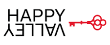 Logo with the word 'HAPPY' above the upside-down word 'VALLEY' and a red vintage key to the right.