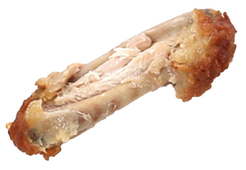 Partially eaten fried chicken wing with visible bones and some remaining meat on a white surface.
