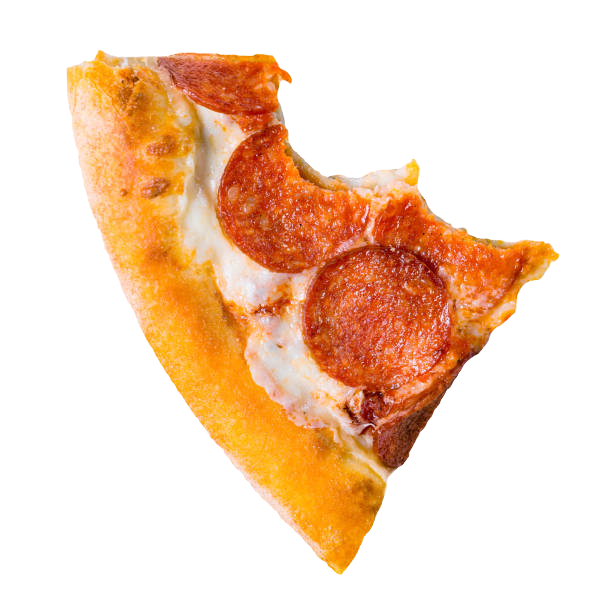 Slice of pepperoni pizza with melted cheese and crispy crust, with a bite taken out.