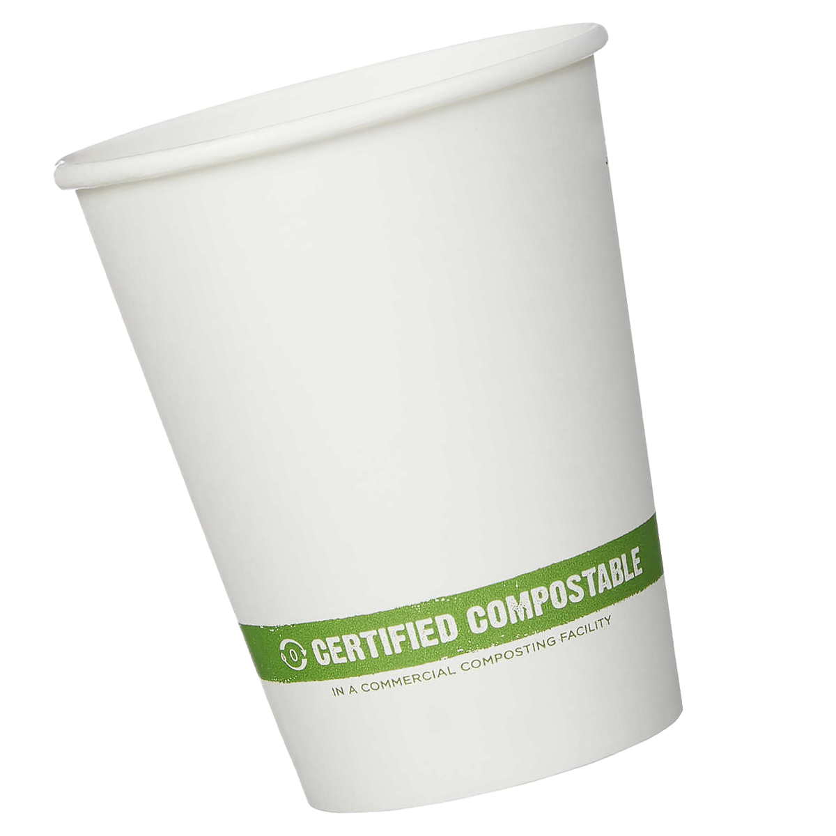 White paper cup with a green band labeled 'Certified Compostable in a commercial composting facility.'