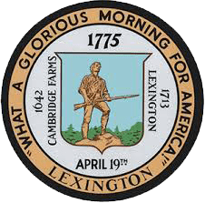 Seal of Lexington, showing a soldier with a musket, surrounded by the text: 'What a Glorious Morning for America', dates 1642 Cambridge Farms, 1773 Lexington, and April 19th.