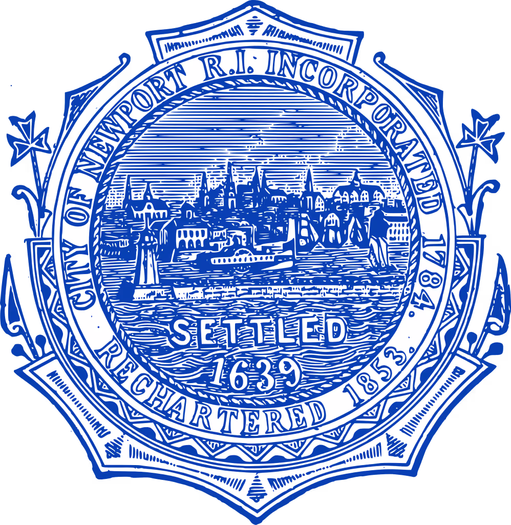 Blue and white seal of Newport, Rhode Island, featuring a waterfront city scene with boats and the text 'City of Newport R.I. Incorporated 1784 Chartered 1853 Settled 1639'.