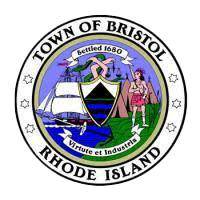 Seal of the Town of Bristol, Rhode Island, featuring a shield, two figures, and the motto 'Virtue et Industria'.