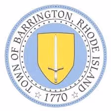 Seal of Barrington, Rhode Island, featuring a yellow shield with a white anchor on a blue background, encircled by the text Town of Barrington, Rhode Island, 1770.