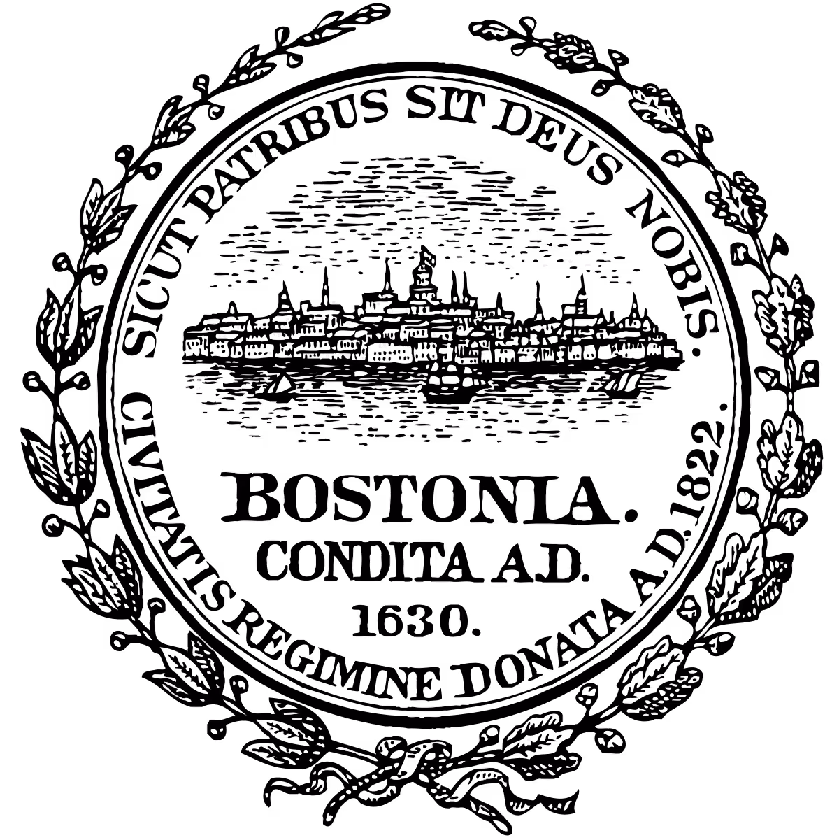 Seal of Boston, Massachusetts featuring a cityscape with a sailing ship, encircled by laurels and the motto 'Boston Commonwealth,' established 1630.