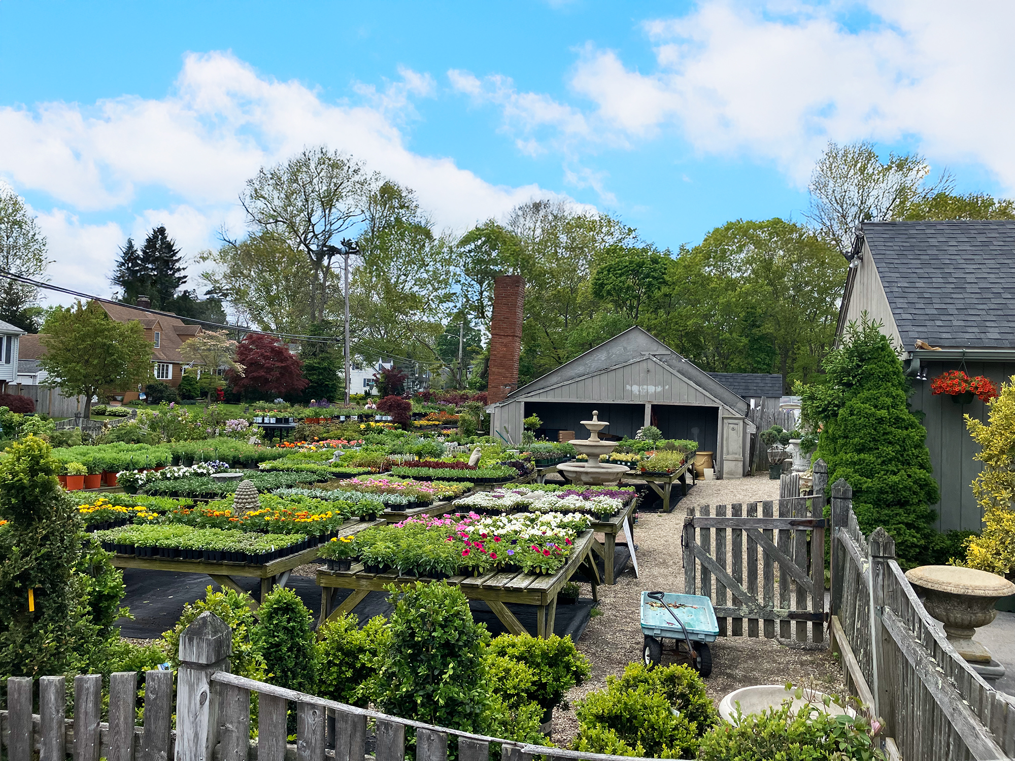 Outdoor garden center with rows of colorful potted plants on wooden tables, a rustic shed, stone fountain, picket fence, and leafy trees under a partly cloudy blue sky.