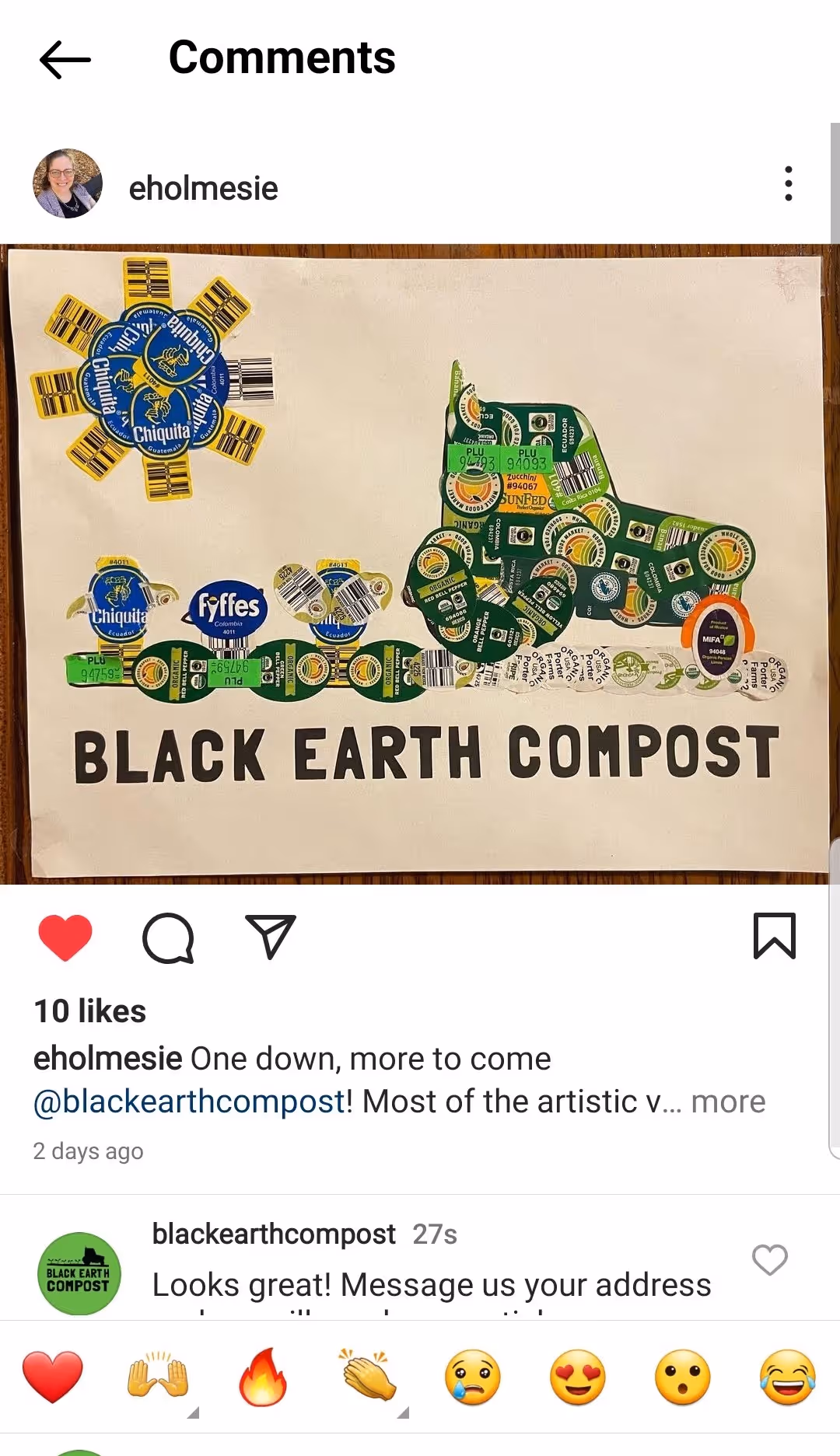 Artwork of a green tractor pulling a blue and yellow trailer with a sun made of fruit stickers above, the text BLACK EARTH COMPOST below.