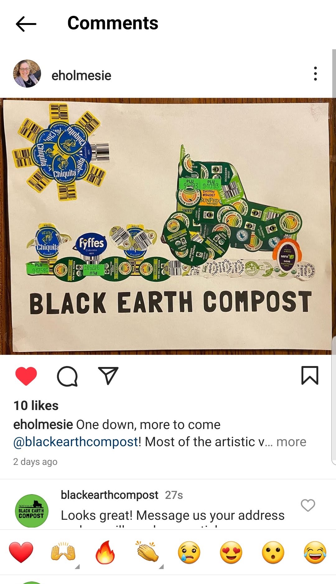 Artwork of a green tractor pulling a blue and yellow trailer with a sun made of fruit stickers above, the text BLACK EARTH COMPOST below.