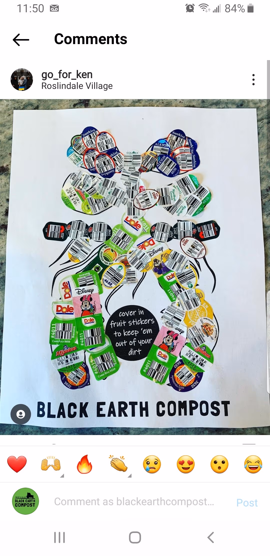Artwork of hands made entirely from various fruit stickers on a white background with text 'cover in fruit stickers to keep 'em out of your dirt' and 'BLACK EARTH COMPOST' below.
