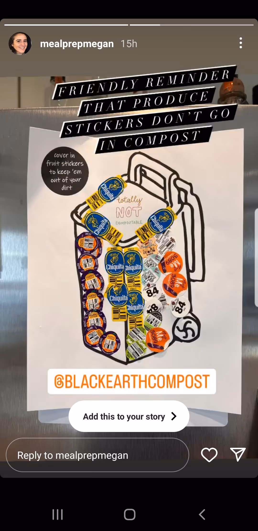 Paper with a trash bin drawing covered in fruit stickers illustrating that produce stickers are not compostable, posted by mealprepmegan.