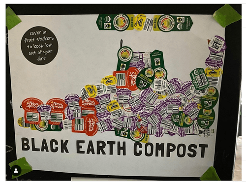 Sheet titled 'BLACK EARTH COMPOST' covered with various overlapping fruit stickers to illustrate composting with fruit covers.