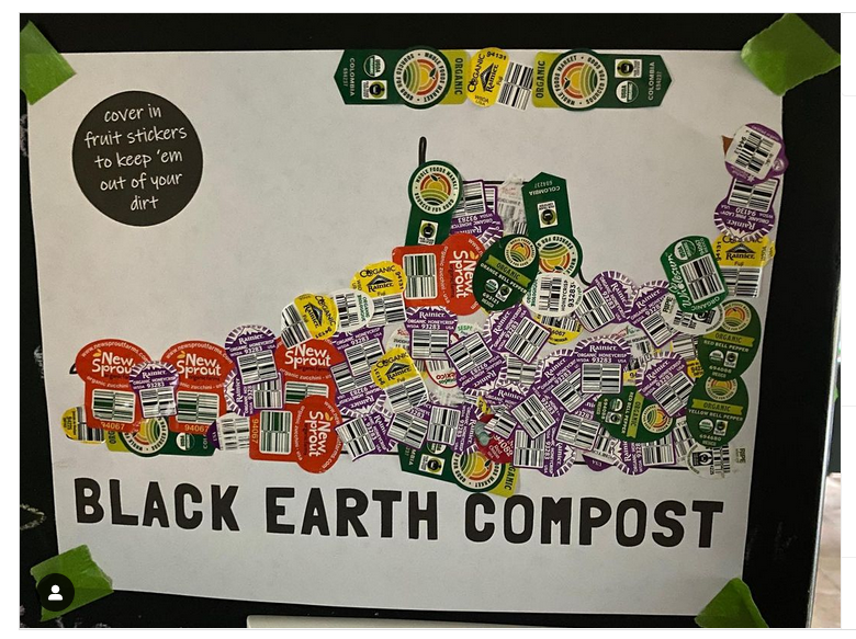Sheet titled 'BLACK EARTH COMPOST' covered with various overlapping fruit stickers to illustrate composting with fruit covers.