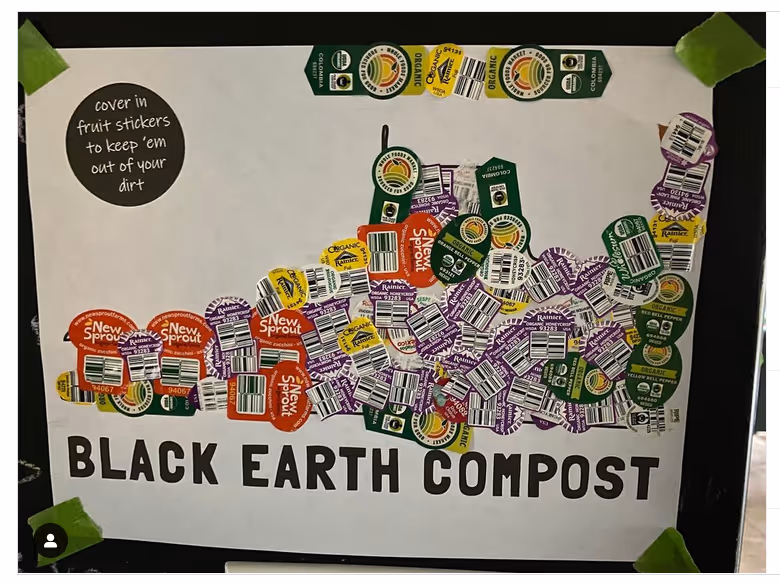 Sheet titled 'BLACK EARTH COMPOST' covered with various overlapping fruit stickers to illustrate composting with fruit covers.