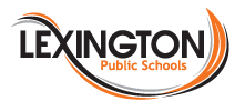 Lexington Public Schools logo with black and orange curved lines.