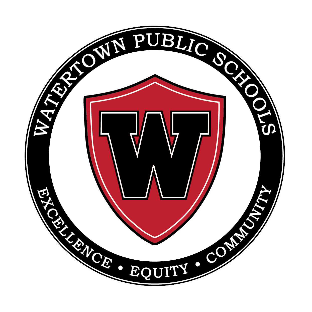 Watertown Public Schools seal with a black letter W on a red shield, encircled by text stating Excellence, Equity, Community.
