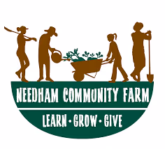 Needham Community Farm logo featuring silhouettes of four people gardening with a wheelbarrow and tools, with the text 'NEEDHAM COMMUNITY FARM' and the motto 'LEARN • GROW • GIVE'.