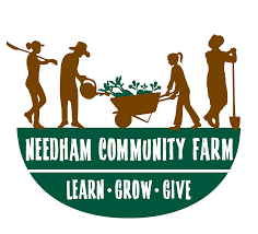 Needham Community Farm logo featuring silhouettes of four people gardening with a wheelbarrow and tools, with the text 'NEEDHAM COMMUNITY FARM' and the motto 'LEARN • GROW • GIVE'.