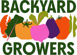 Logo with the text 'BACKYARD GROWERS' in green surrounding illustrated vegetables including beet, tomato, onion, eggplant, bell pepper, and peas.