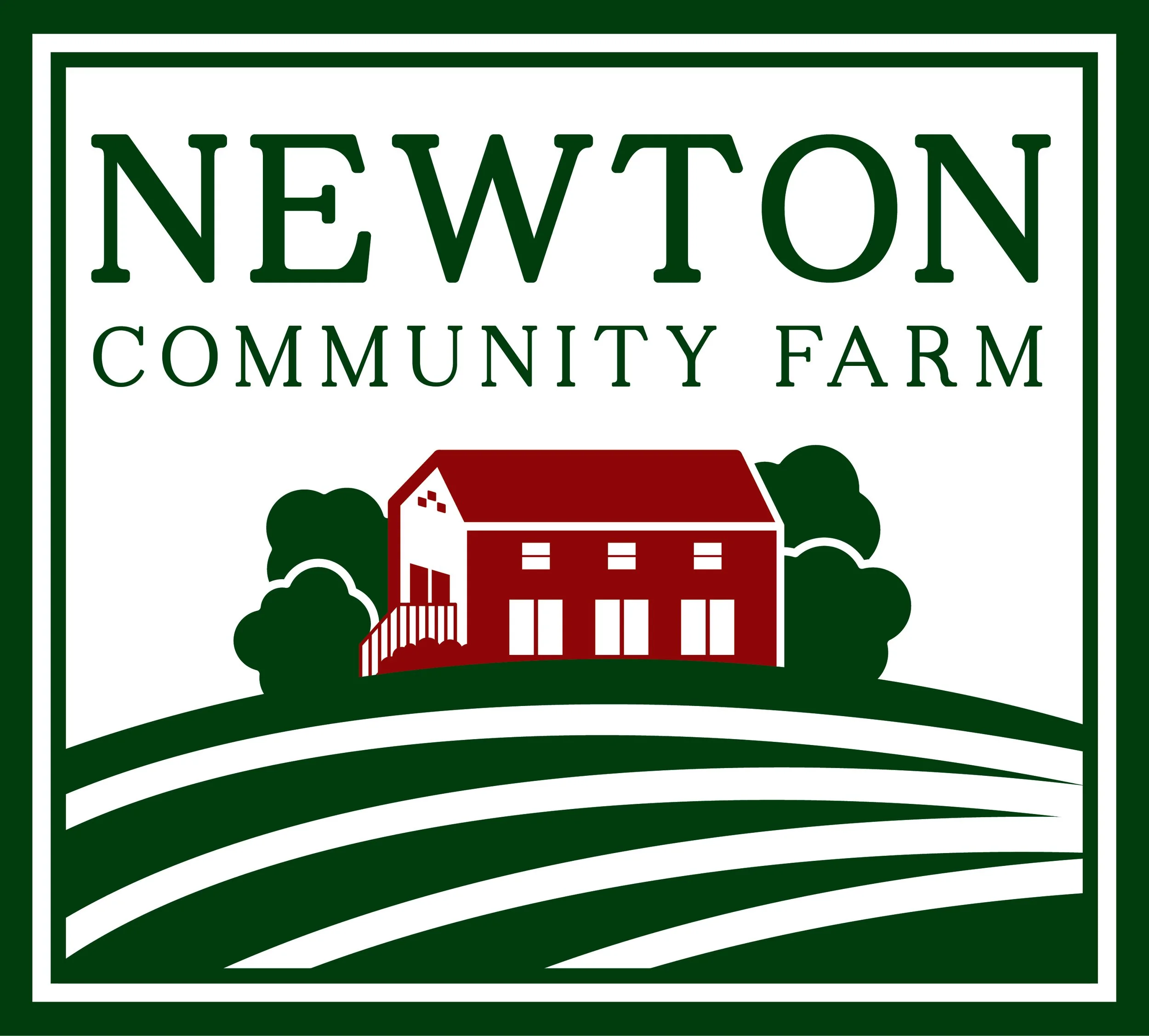 Newton Community Farm logo featuring a red barn with trees and green farmland, with the farm name above.