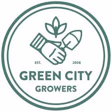 Green City Growers logo featuring a garden glove, trowel, and sprouting plant inside a double circle with EST. 2008 text.