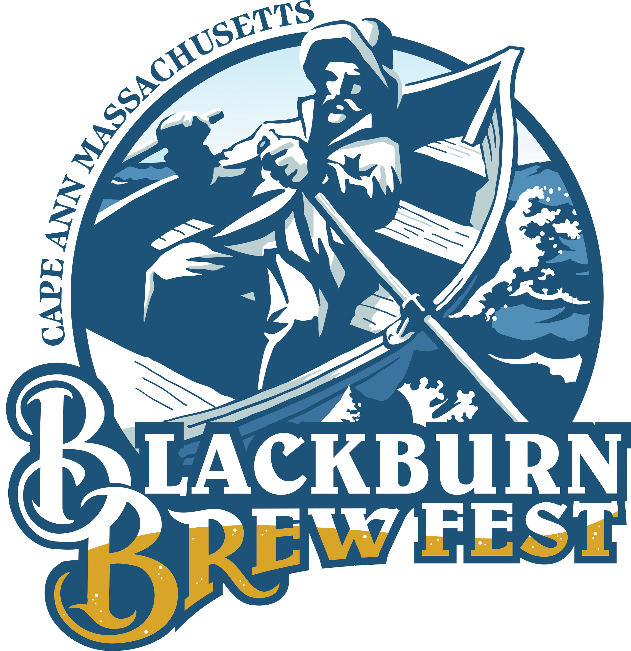 Logo featuring a fisherman in a boat rowing on waves with text 'Capeway Massachusetts Blackburn Brewfest'.