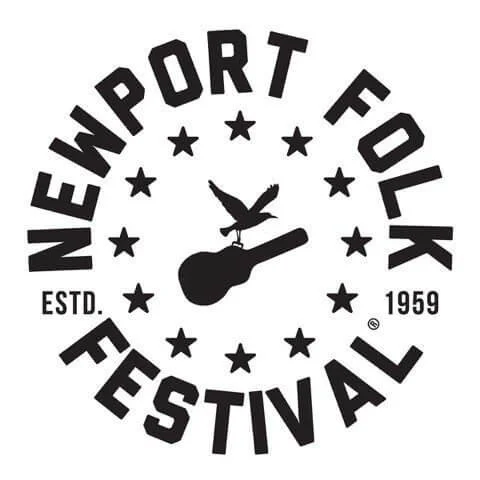 Newport Folk Festival logo featuring a bird perched on a guitar surrounded by stars with text ESTD. 1959.