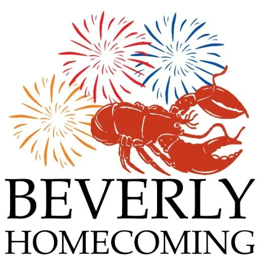 Red lobster with orange, red, and blue fireworks above and the words 'Beverly Homecoming' below.