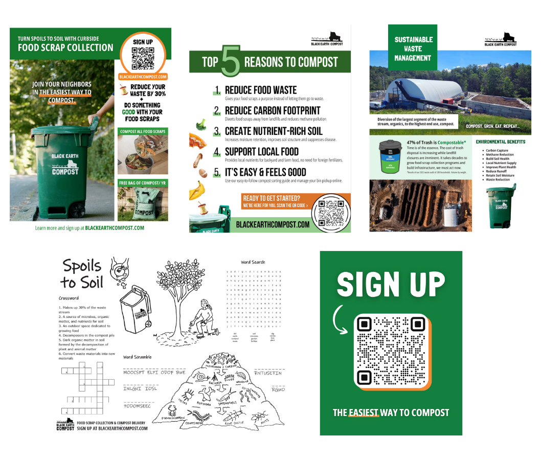 Informational poster promoting Black Earth Compost's curbside food scrap collection and composting, highlighting top 5 reasons to compost, sustainable waste management benefits, and featuring crossword, word search, word scramble, and QR codes for easy signup.