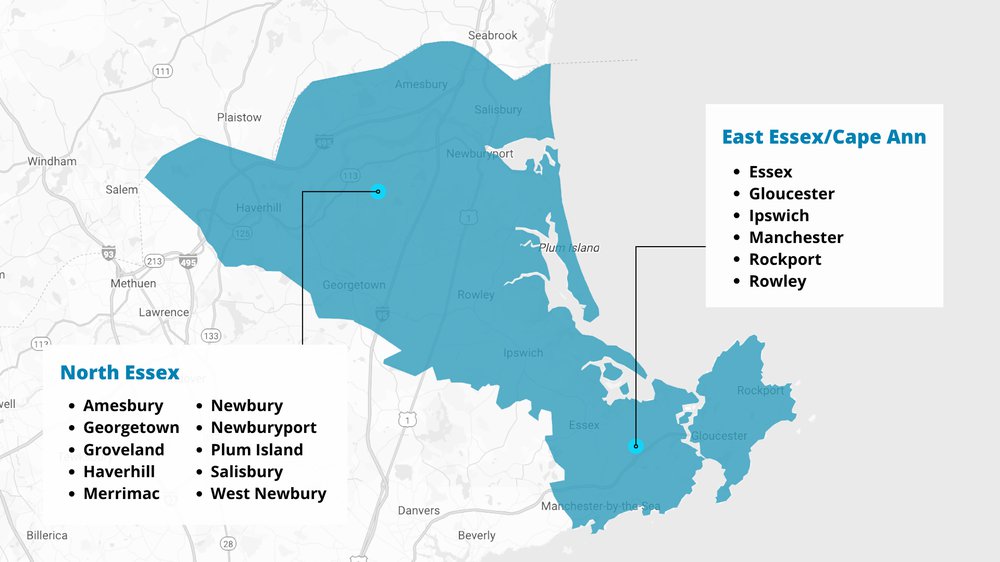 Map of North Essex and East Essex/Cape Ann service areas in Massachusetts, highlighting towns served including Amesbury, Georgetown, Groveland, Haverhill, Merrimac, Newbury, Newburyport, Plum Island, Salisbury, West Newbury, Essex, Gloucester, Ipswich, Manchester, Rockport, and Rowley.