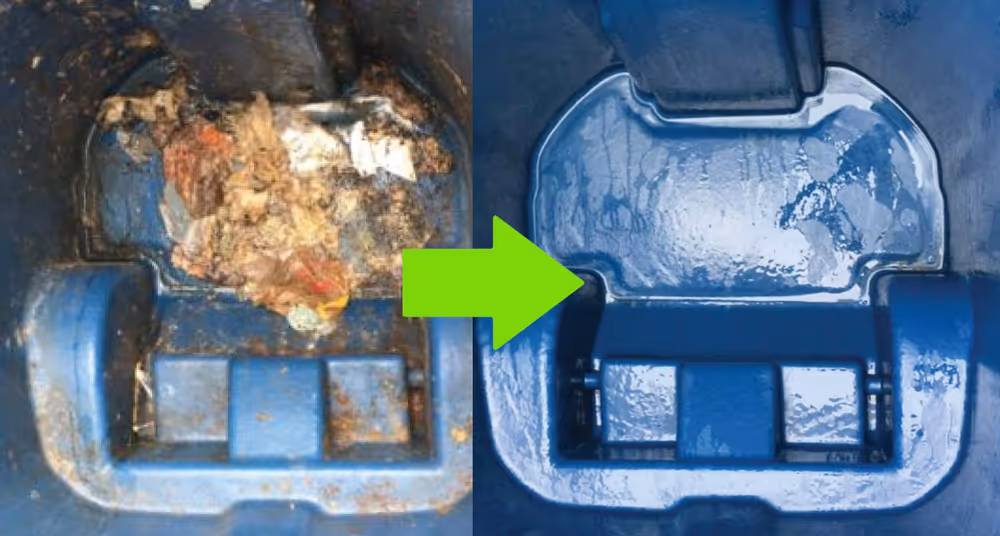 Side-by-side comparison of a blue trash bin's interior before and after cleaning, showing dirty debris on the left and a spotless surface on the right with a green arrow in between.