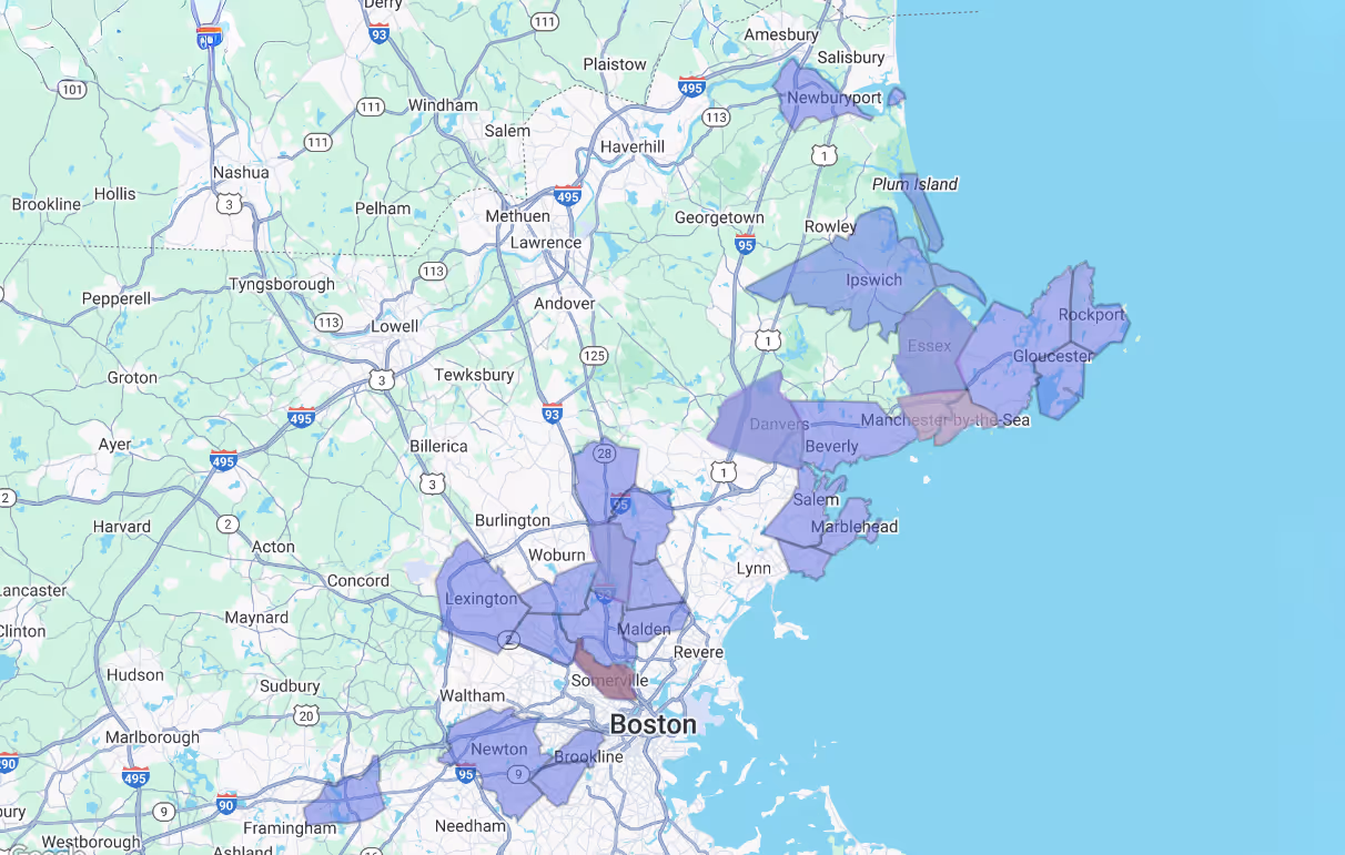 Map showing highlighted service areas around Boston, Massachusetts, including Newburyport, Ipswich, Gloucester, Lexington, Newton, and Salem.
