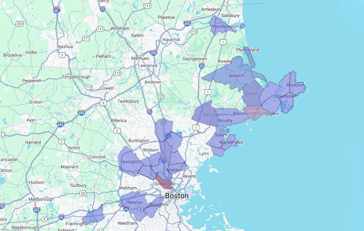 Map showing highlighted service areas around Boston, Massachusetts, including Newburyport, Ipswich, Gloucester, Lexington, Newton, and Salem.
