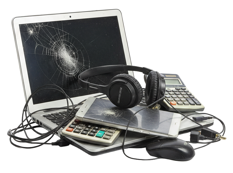 A pile of broken electronics including a laptop and smartphone with cracked screens, headphones, calculators, and a computer mouse.