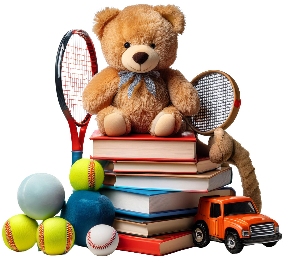 Stack of books topped with a teddy bear, surrounded by two tennis rackets, several tennis balls, a baseball, a blue doll, and an orange toy truck.